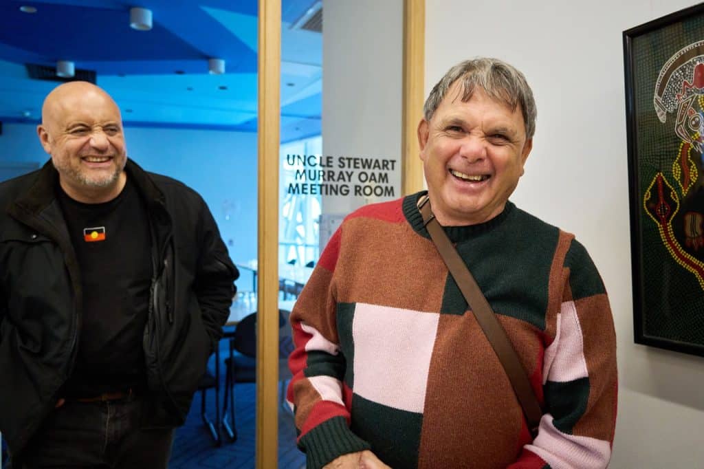 Uncle Bill Nicholson (Wurundjeri) and Uncle Ron Murray (Wamba Wamba) at the launch of the Koorie Culture Map at the Koorie Heritage Trust, Wednesday 11th June 2026. Photographer: Cian Sanders.